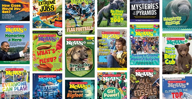 Collage of Scholastic News magazine covers on a variety of educational topics