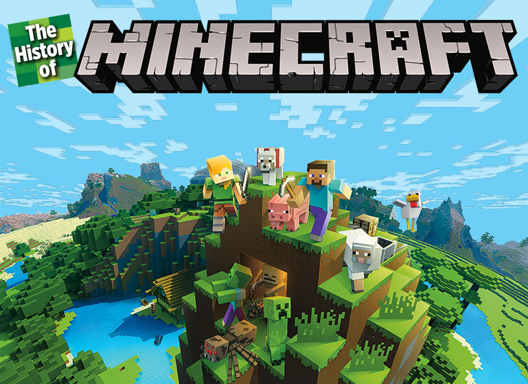 Characters from the video game Minecraft stand on a blocky mountain.