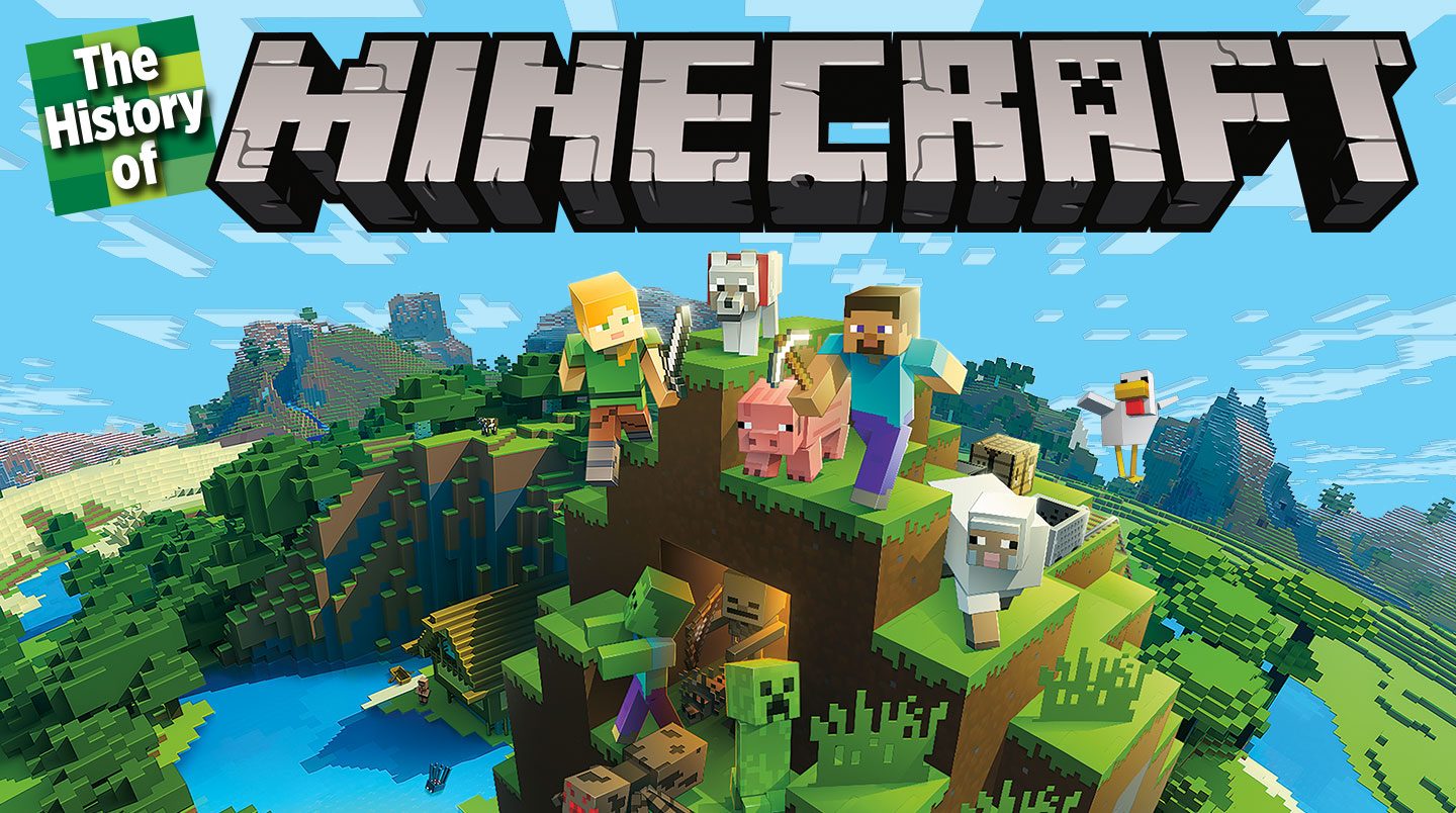 Characters from the video game Minecraft stand on a blocky mountain.