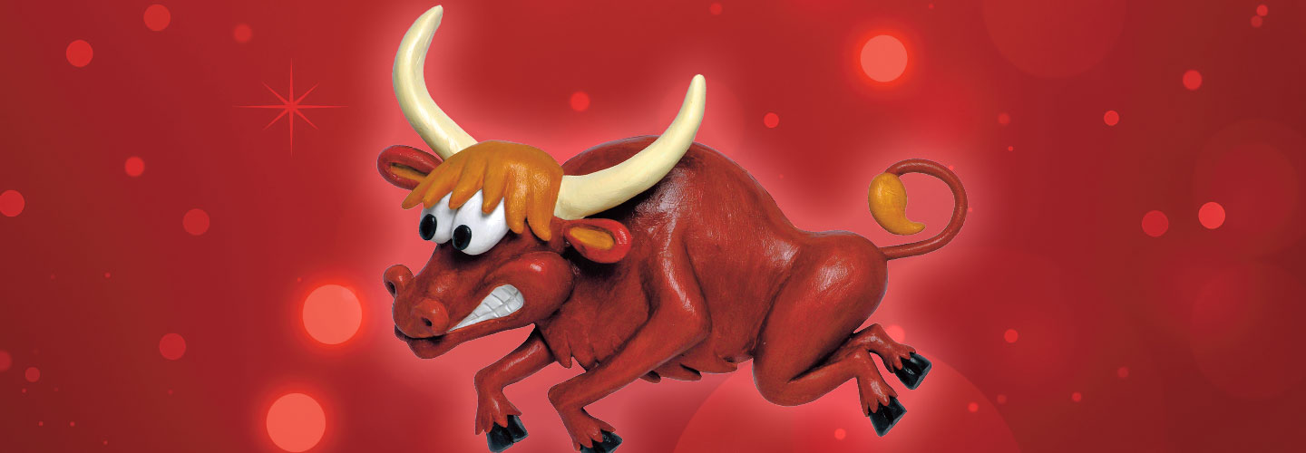 A cartoon ox has bulging eyes and long horns.