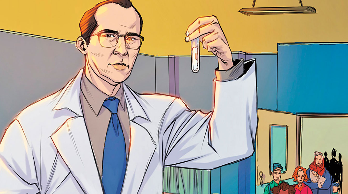 Jonas Salk wears a lab coat and holds up a glass vial.