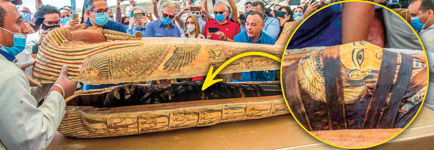 Researchers open a mummy’s coffin as a crowd watches. Inset, a picture of a face on its head.