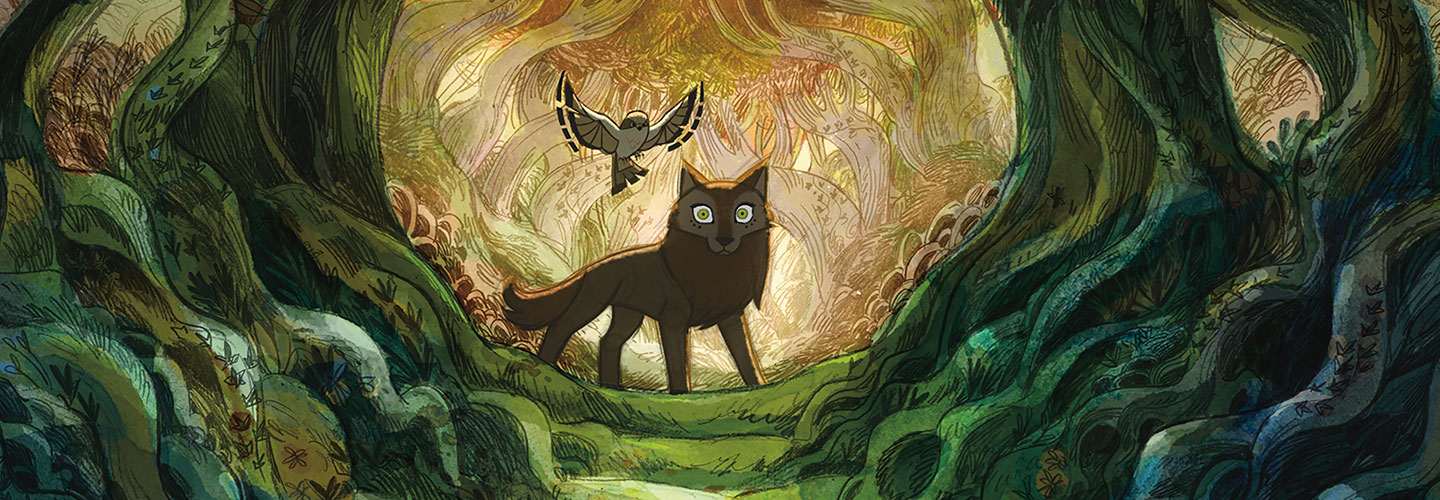 A cartoon wolf and owl in a forest.