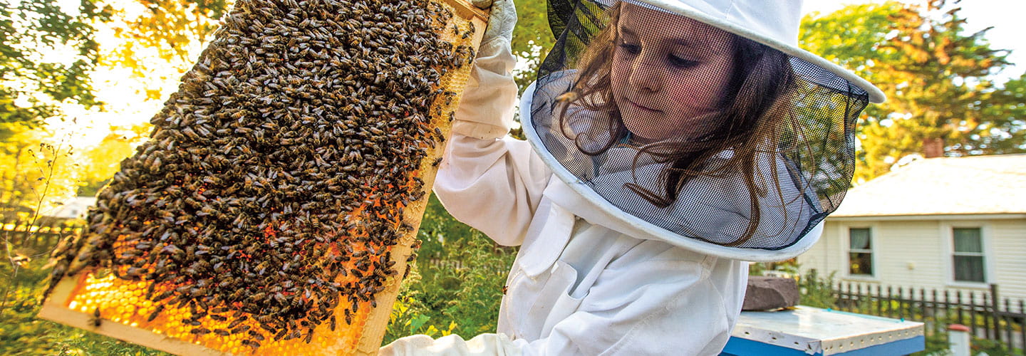 Elizabeth Downs wears a beekeeper’s protective suit and lifts a honeycomb full of bees.