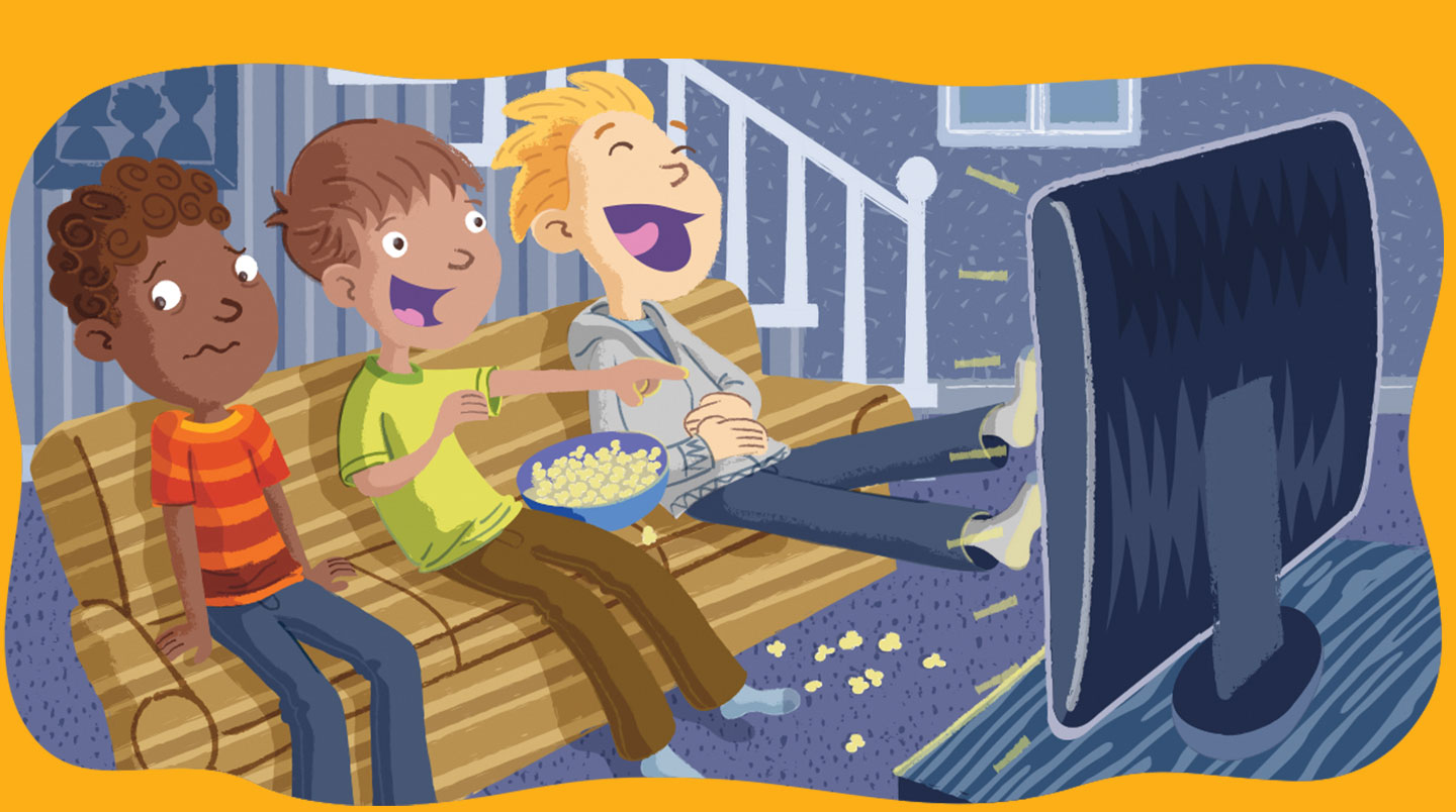 Two kids laugh while watching a movie. A third kid looks worried.
