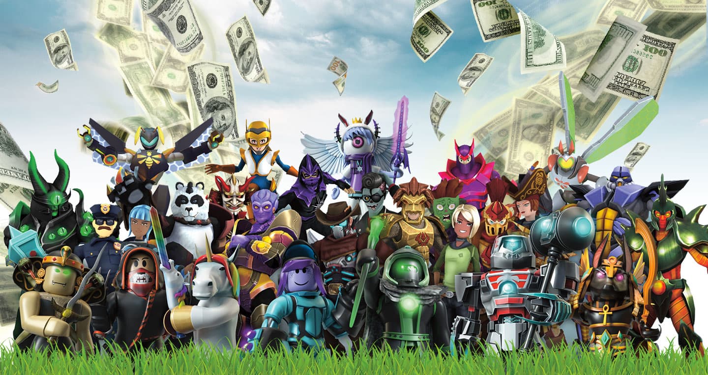 A crowd of video games characters poses as hundred-dollar bills fly away
