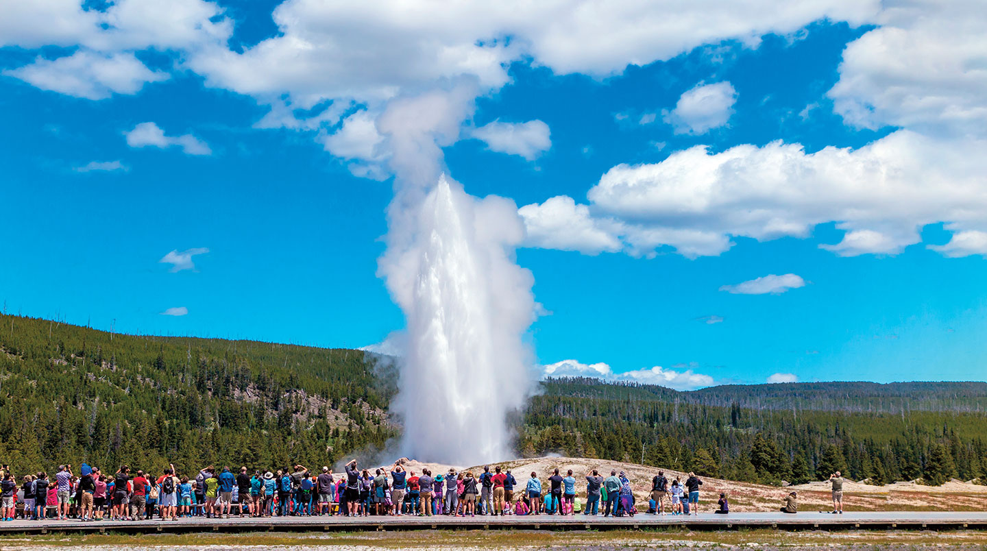 A crowd watches Old Faithful erupt with hot water.