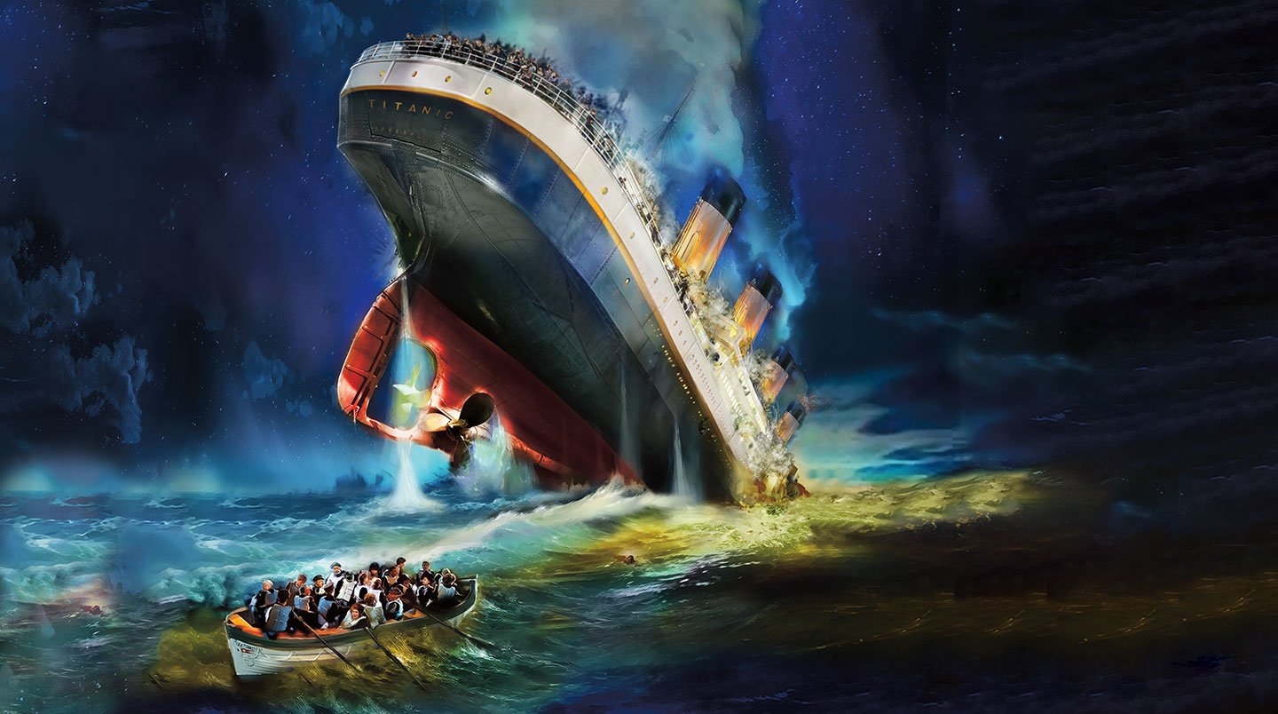 People in a lifeboat paddle away as the Titanic sinks.