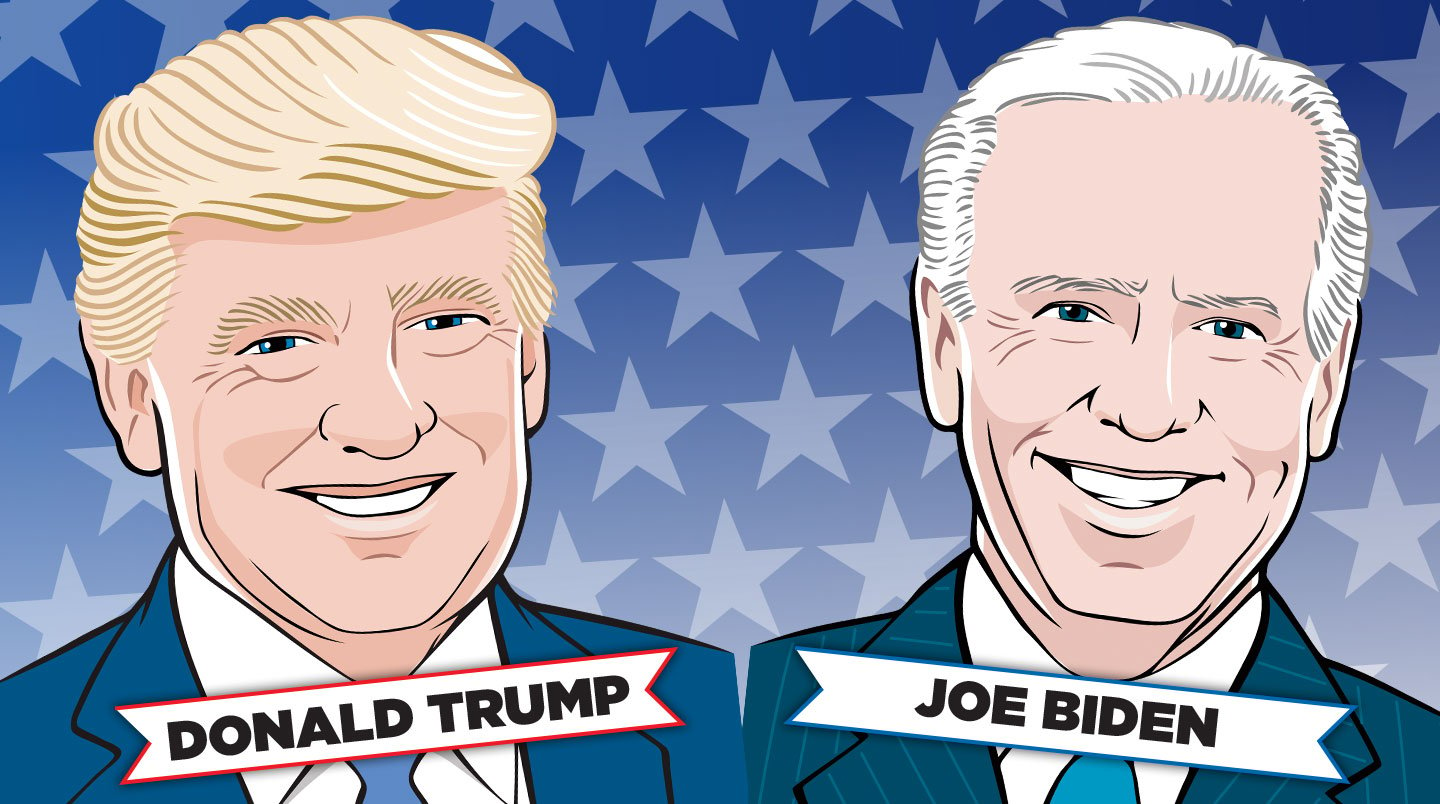 Donald Trump and Joe Biden smile.