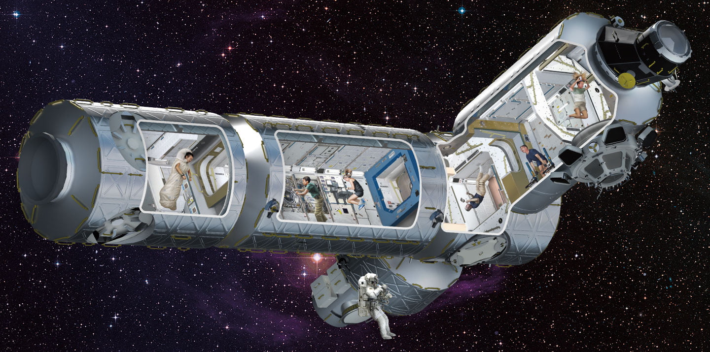 A cutaway of a space station with astronauts doing various activities.