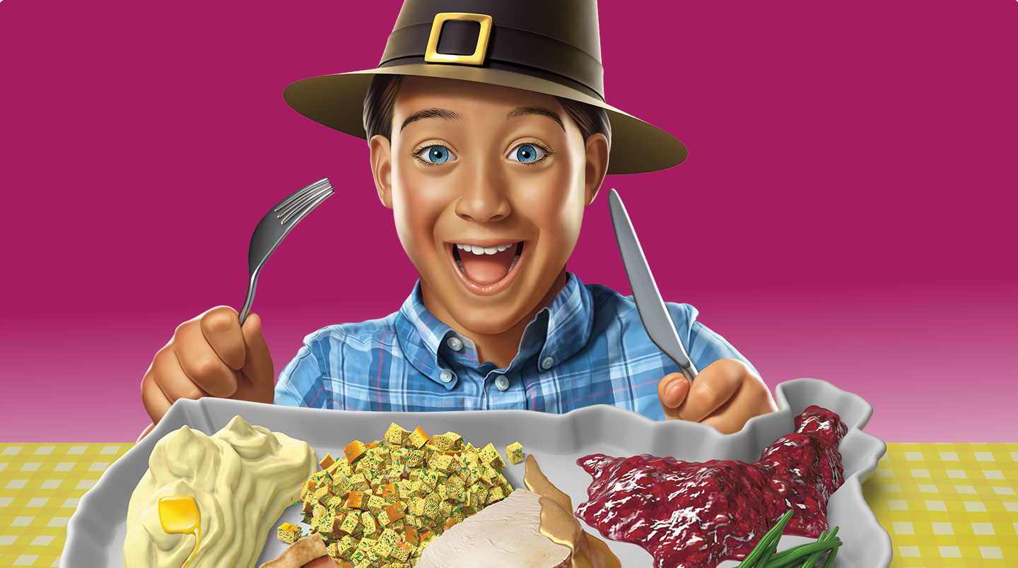 A kid wearing a pilgrim’s hat is about to eat a thanksgiving meal.