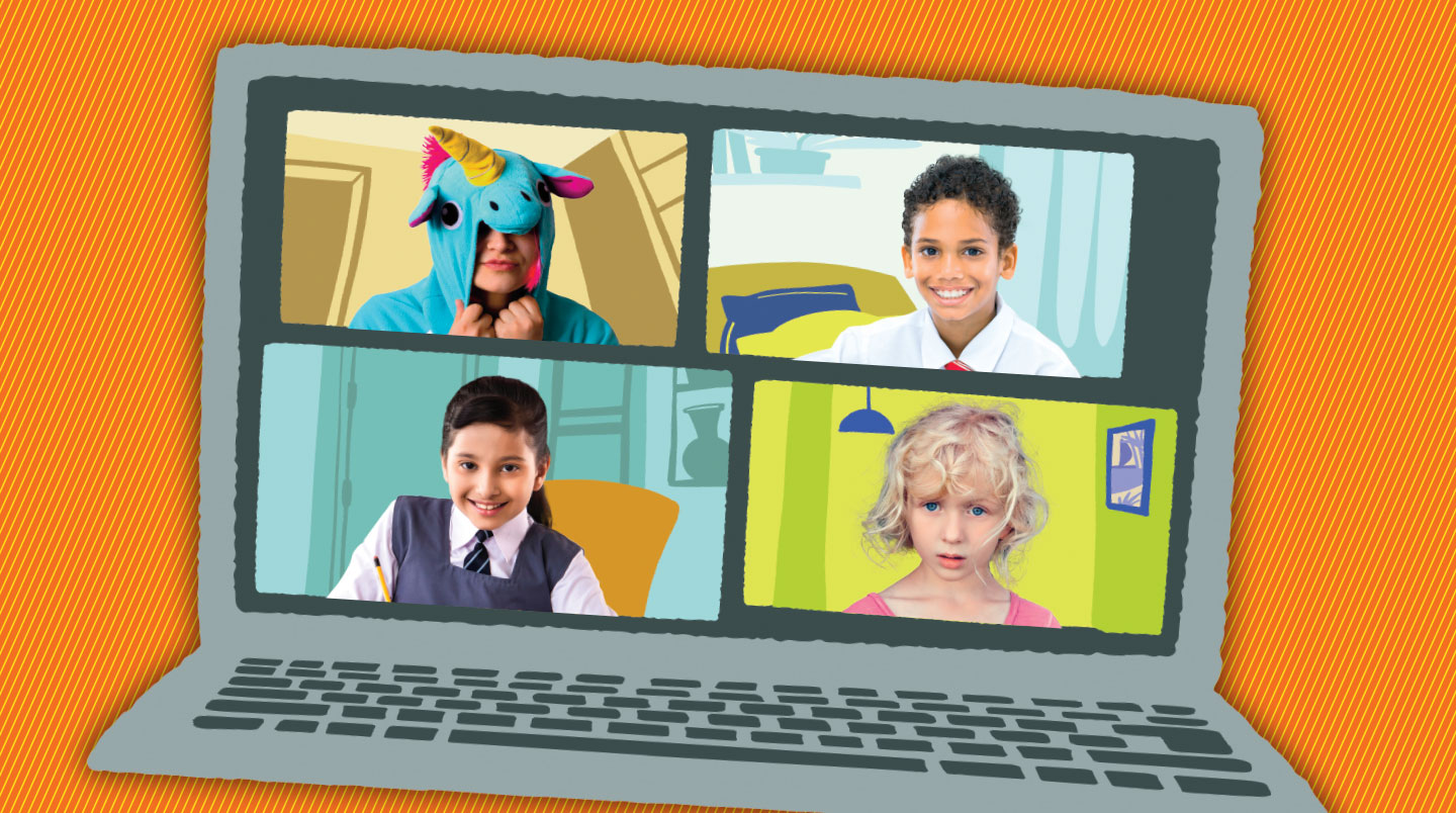 A laptop screen shows 4 kids on a video call.