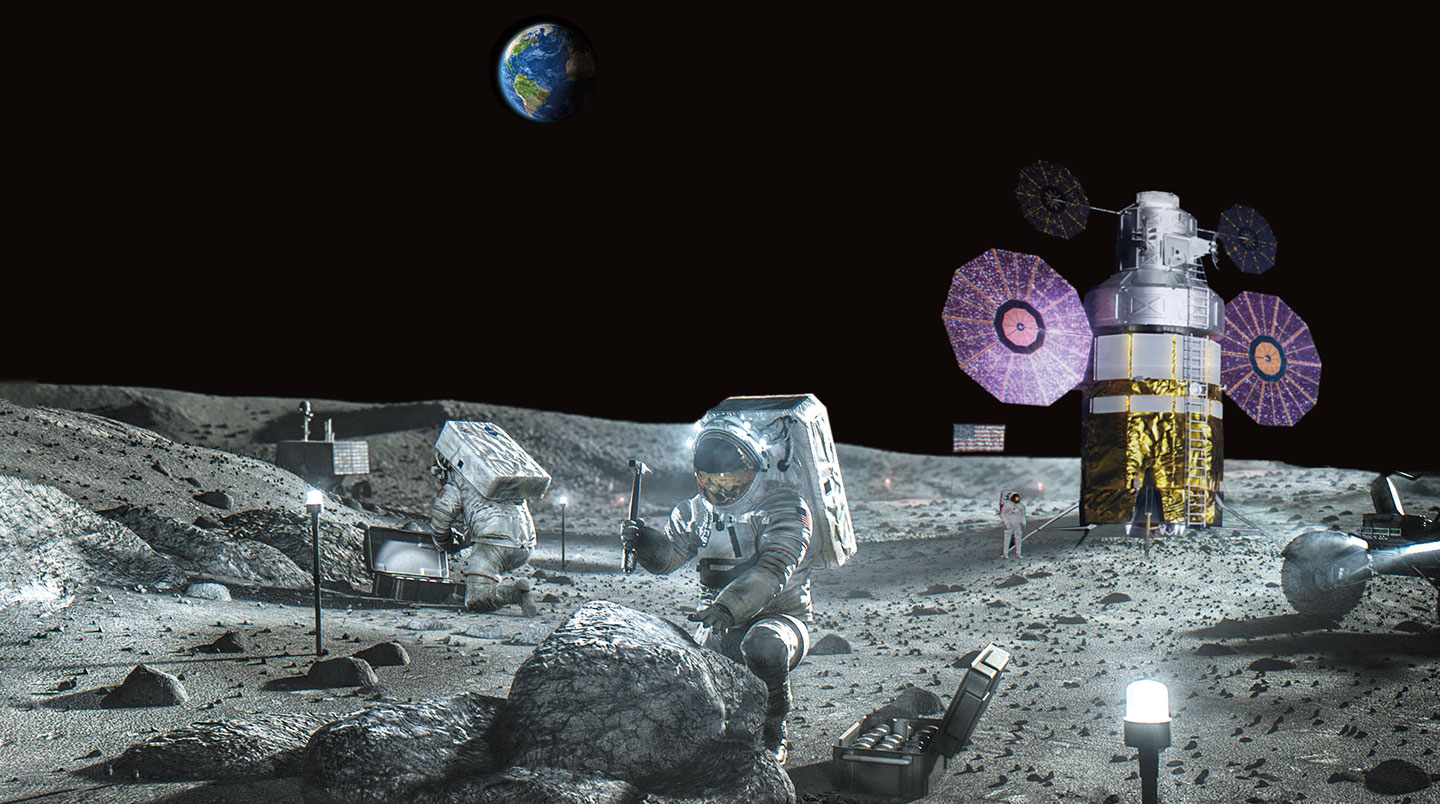 Astronauts collect rock samples from the moon.