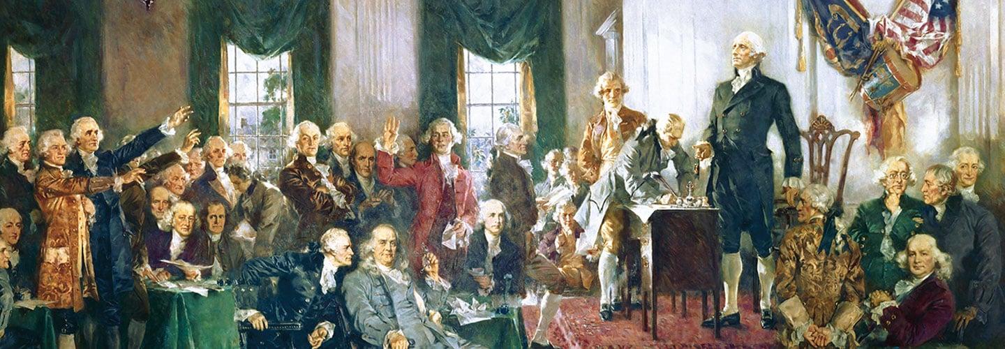 A painting of the George Washington and several other historic men in a room together