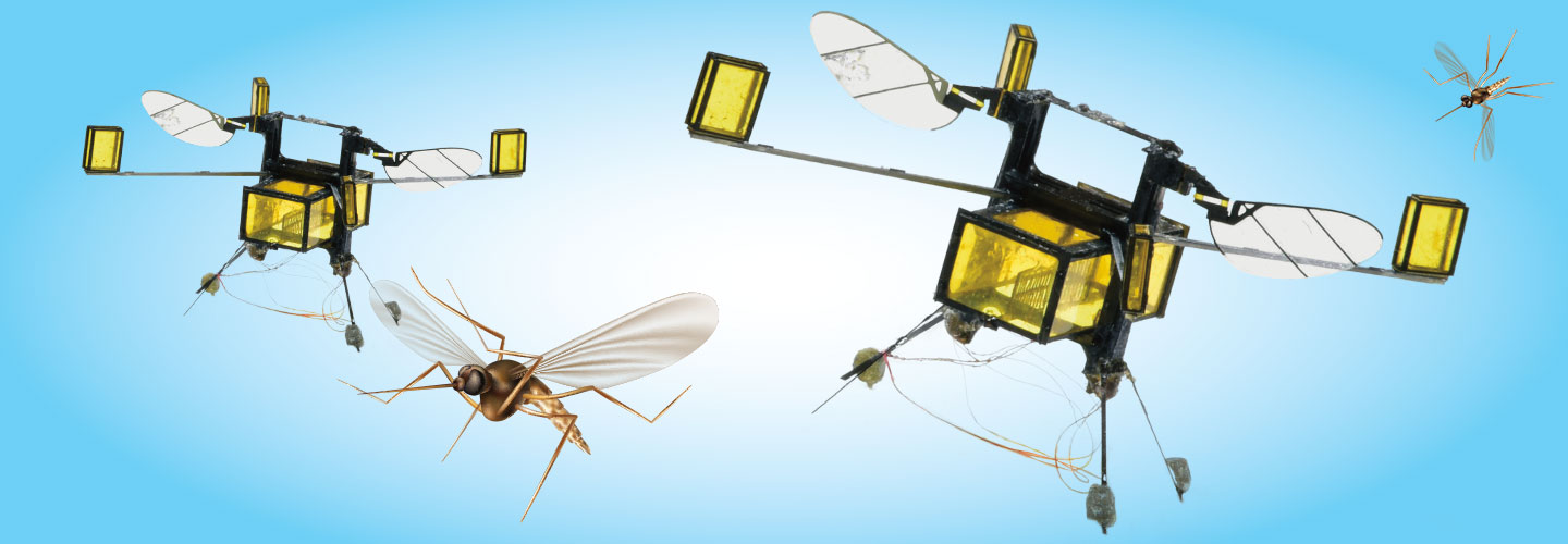 Two drones that look like bumblebees next to two mosquitos
