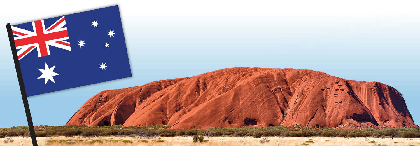 Australian flag and a mountain in the Australian desert