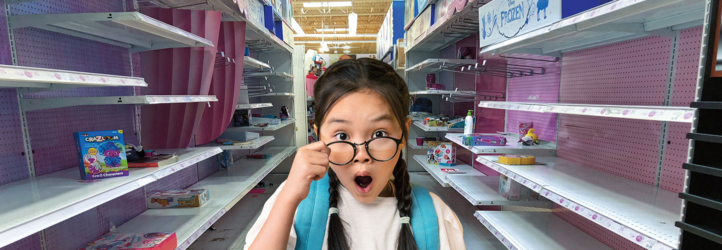Shocked child standing in an empty toy aisle