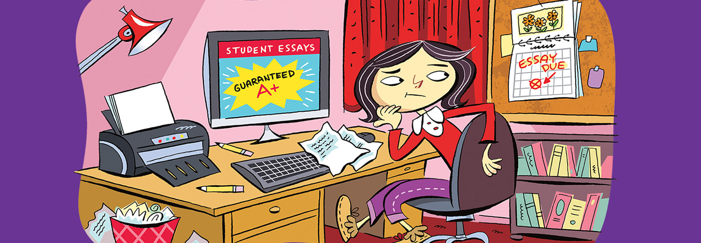 Illustration of a student at her desk thinking about buying an essay online