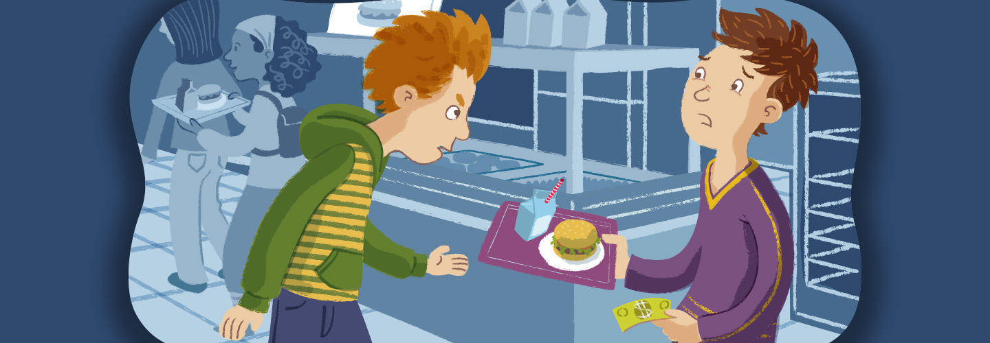 Illustration of two students in a lunchroom with one bullying the other