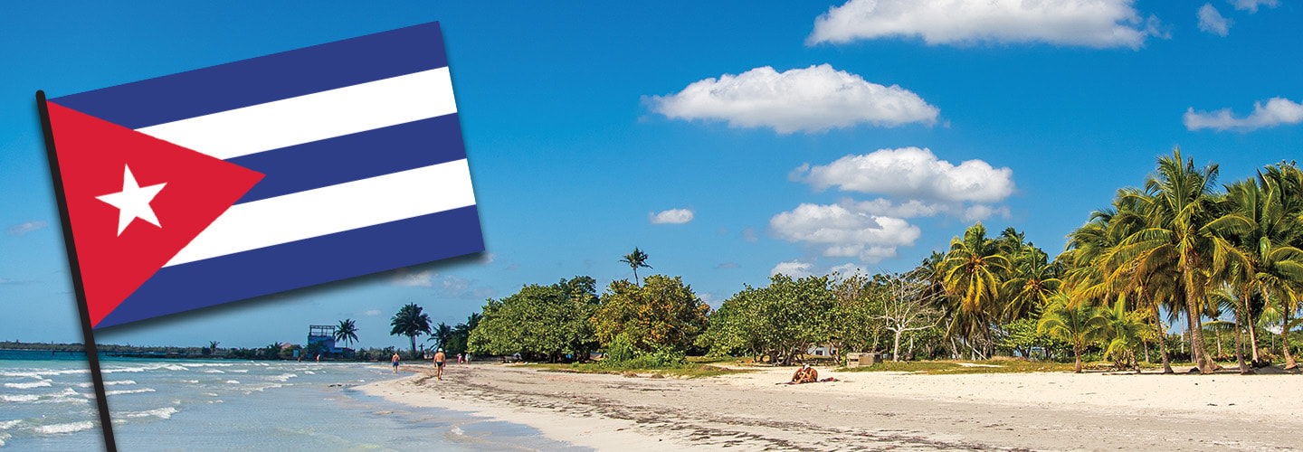 Image of a beach and then the Cuban flag to the right