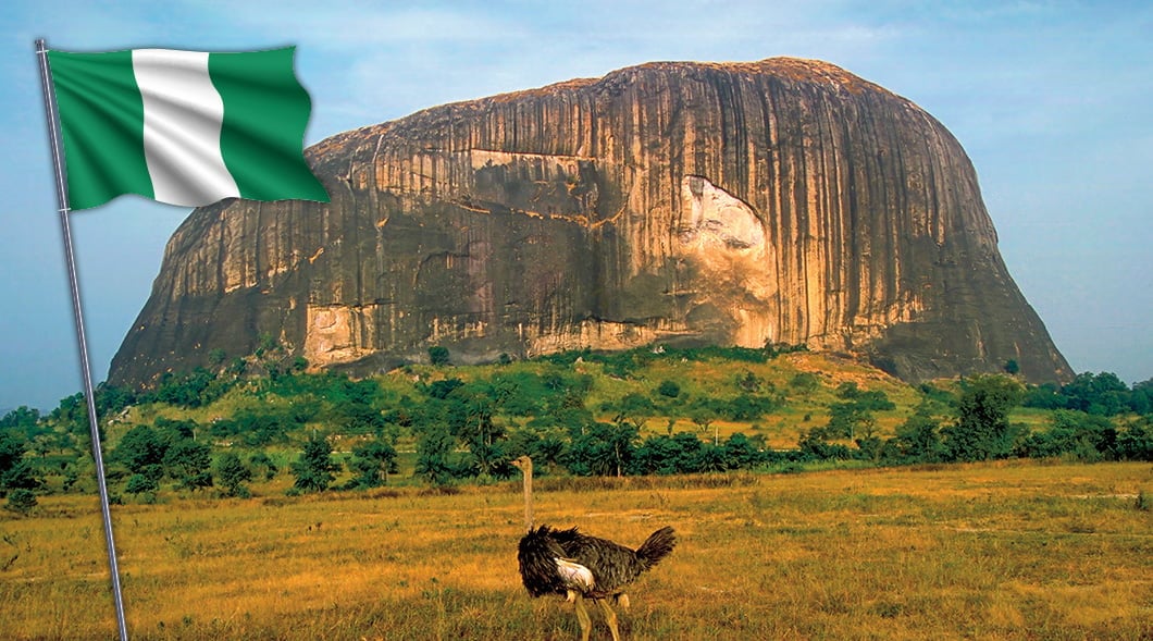 Photo of an ostrich standing in front of Zuma Rock & next to Nigerian flag
