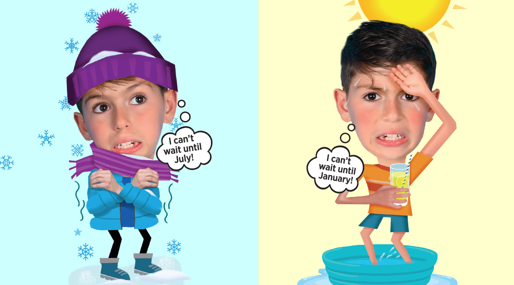 Image of kid in shivering in winter clothes and image of kid sweating in summer