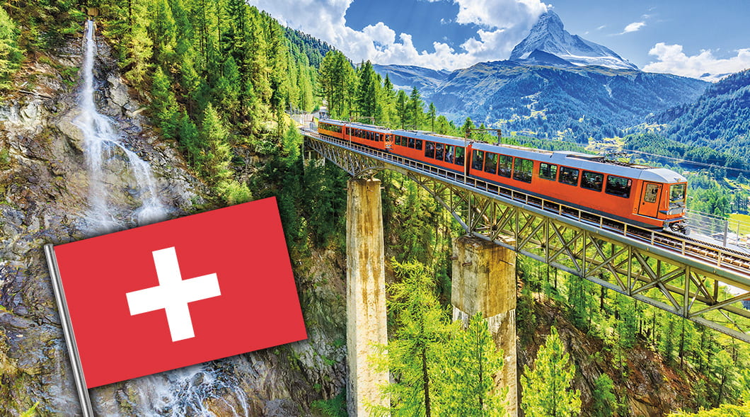 Scenic train ride in Switzerland among beautiful mountains and image of the Swiss flag