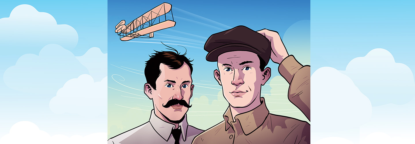 Comic of the two Wright Brothers with plane flying overhead