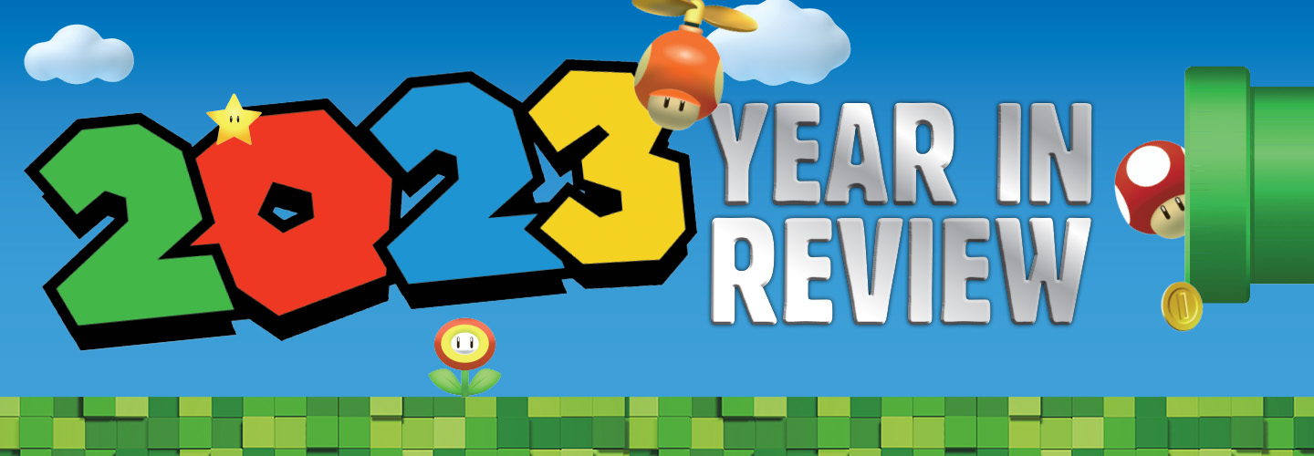 Text written in Mario World font, "2023 Year in Review"