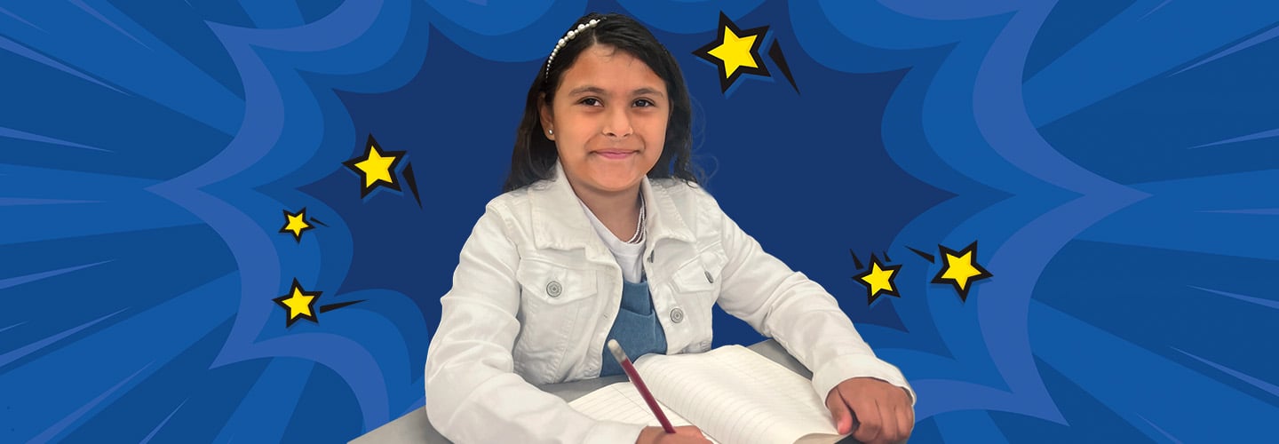 A girl smiles holding a pencil and notebook in front of an illustrated blue background