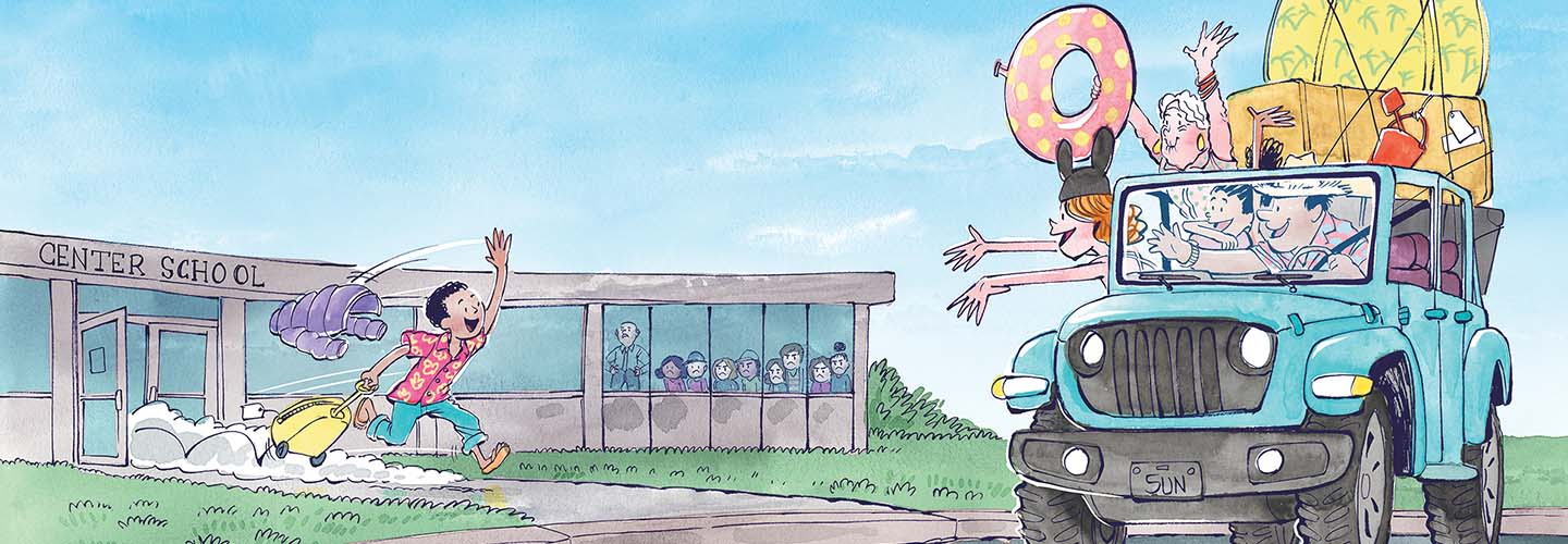 A boy runs from school toward a vehicle packed with luggage and a giant inflatable donut
