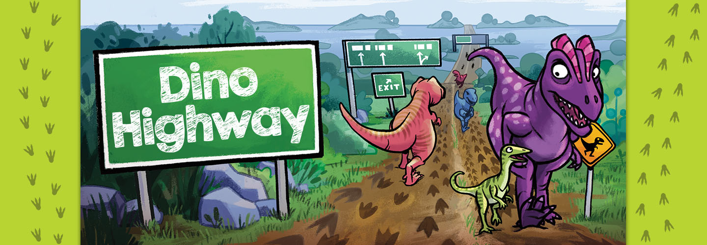 Colorful dinosaurs walking on a highway past a green Dino Highway sign and exit ramp