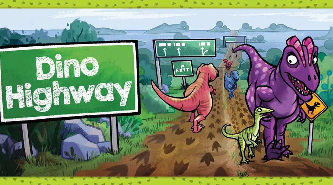 Cartoon dinosaurs walking on a highway with a green sign reading Dino Highway