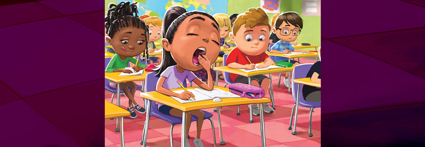 A girl yawns at her desk while classmates write at their desks in a classroom