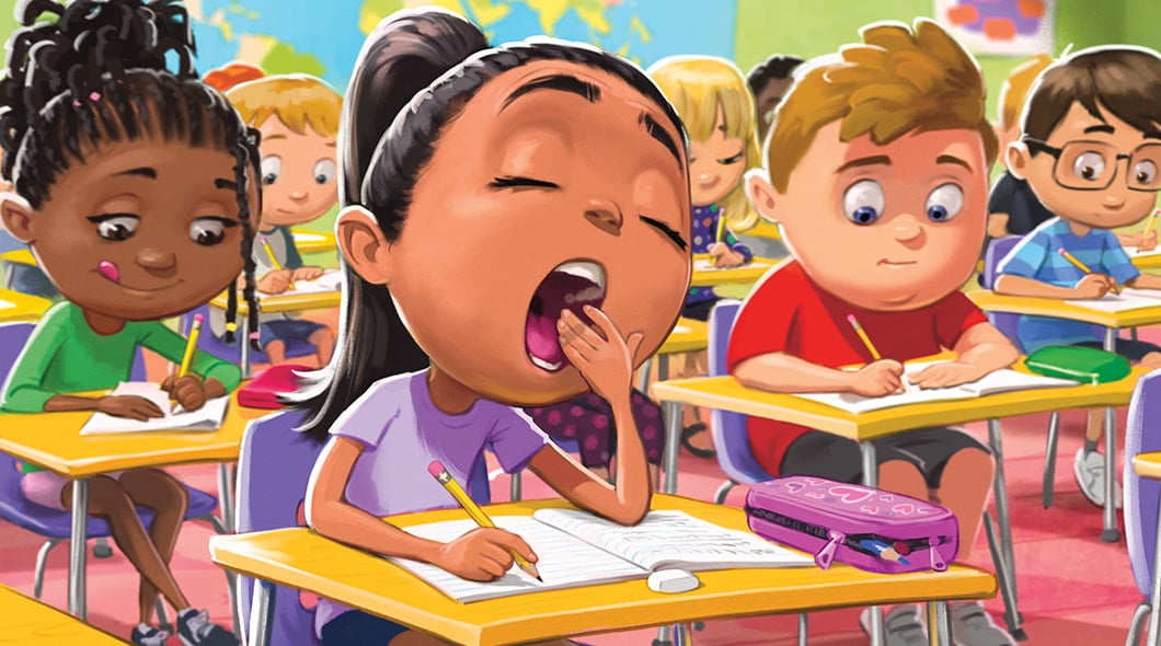 A girl yawns at her desk while other students write in a classroom