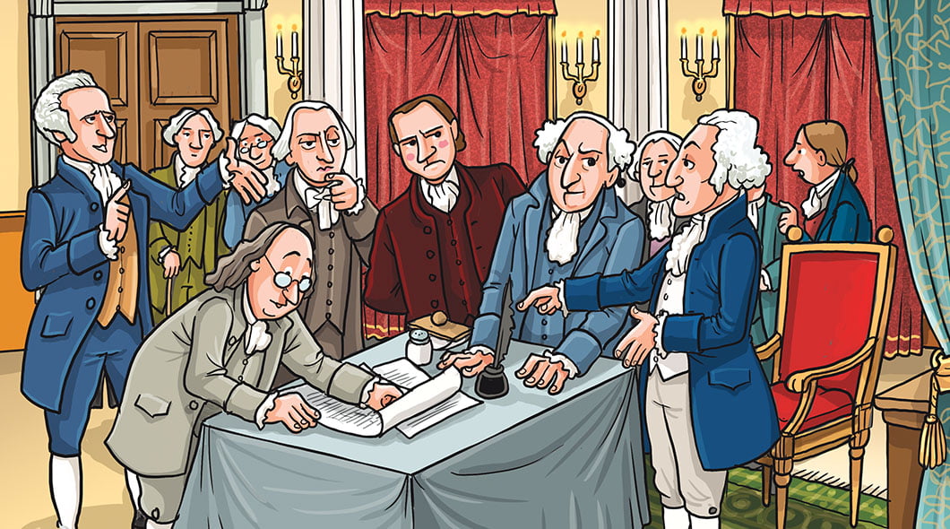 A group of colonial-era men gather around a table where one man signs a document