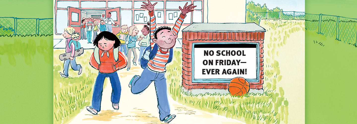 Two children leave a school past a sign that reads No School On Friday — Ever Again