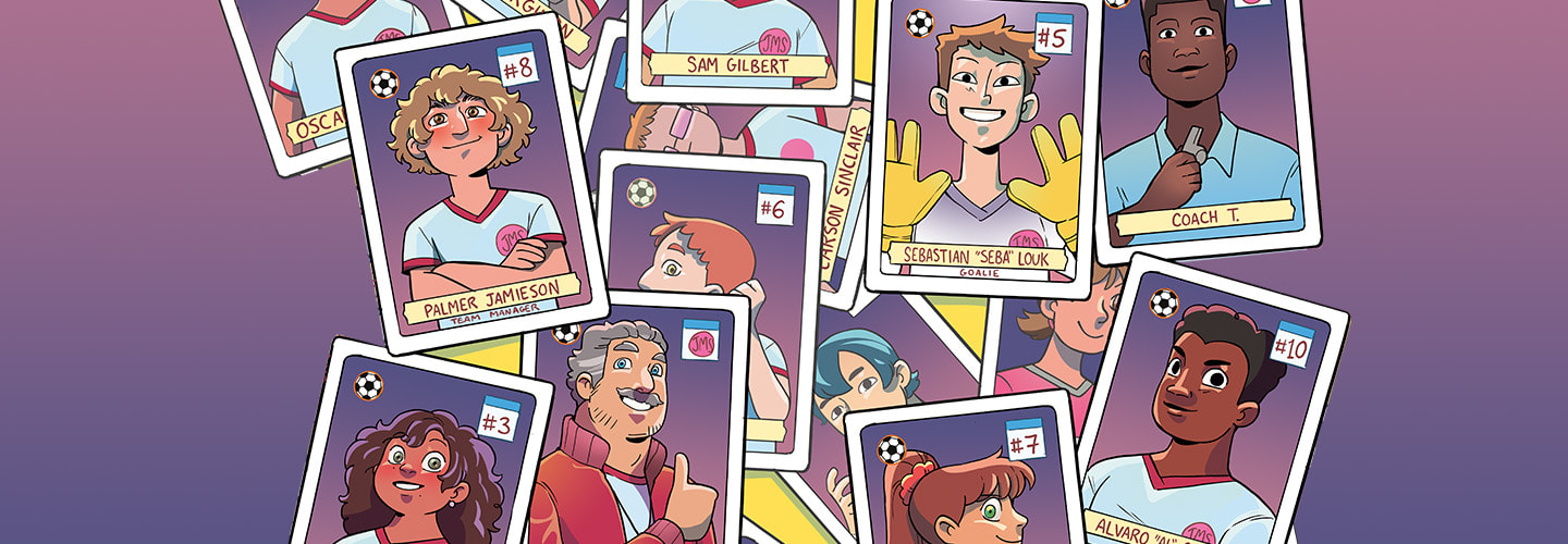 A spread of illustrated soccer trading cards featuring named players and Coach T.