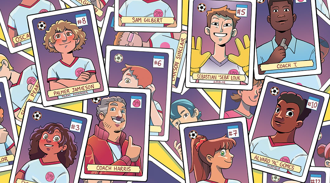 A collage of illustrated soccer trading cards featuring named players and coaches on a team