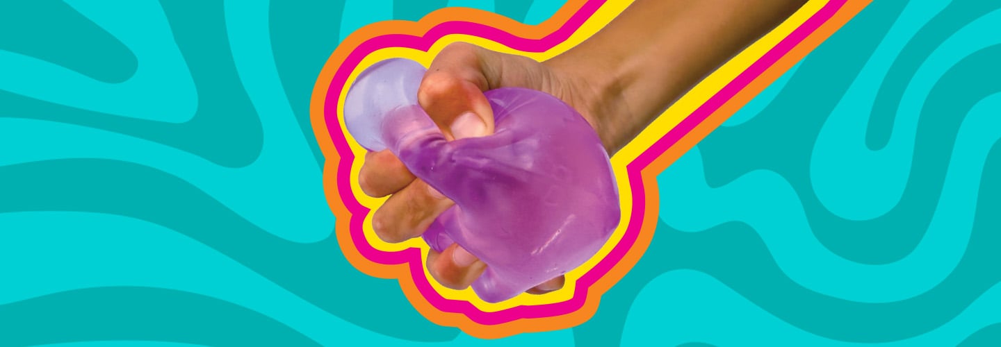 A hand squeezes a purple squishy stress ball against a teal swirled background