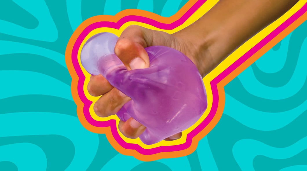 A hand squeezes a purple blob of slime against a teal wavy background
