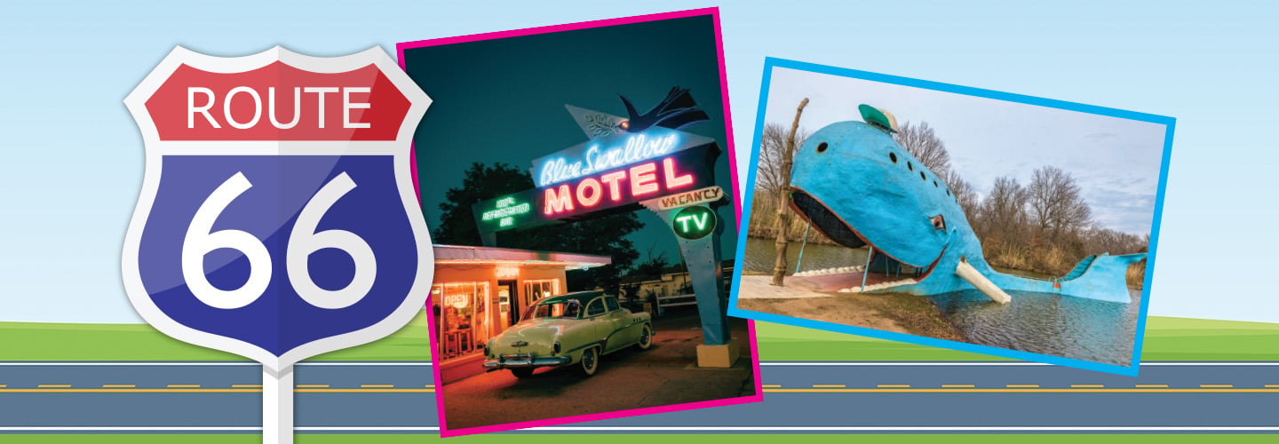 Collage of Route 66 landmarks including the Blue Swallow Motel sign and a blue whale sculpture