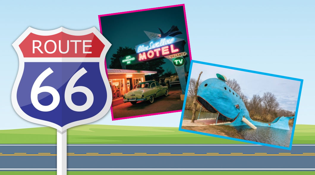Collage of Route 66 landmarks including the Blue Swallow Motel sign and a blue whale sculpture