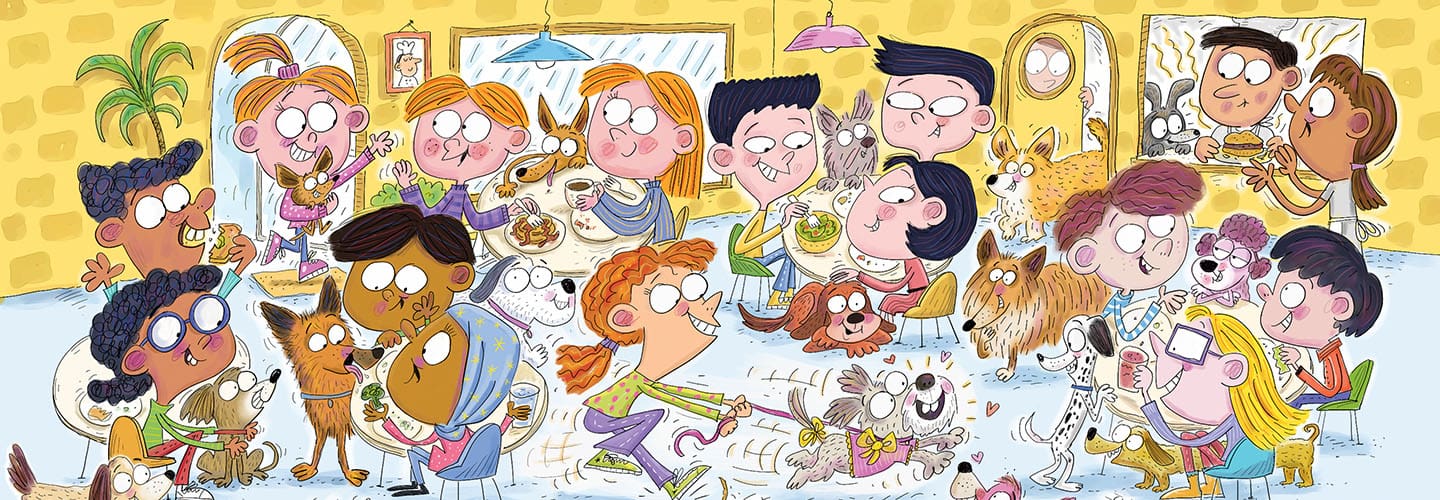 A crowd of cartoon children and their dogs gather in a busy, lively indoor space with food and activity throughout