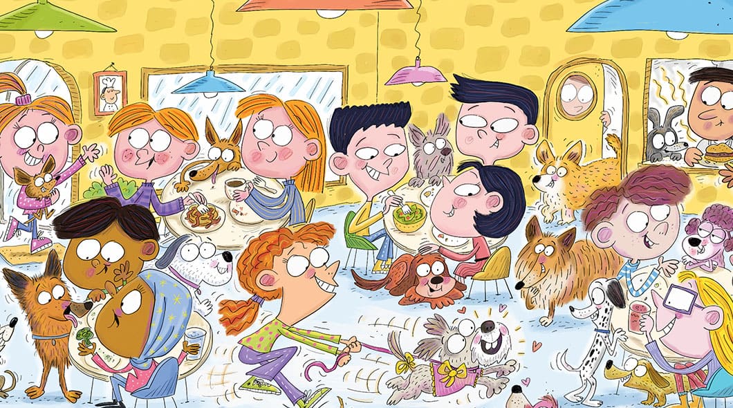A busy cartoon restaurant scene filled with children and their dogs eating, playing, and causing chaos