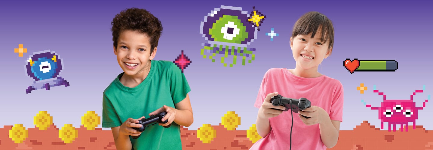 Two children each hold a game controller, surrounded by pixel art monsters and coins