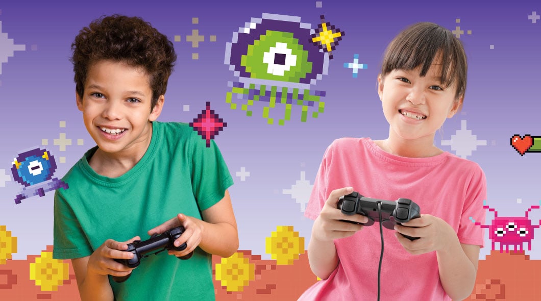 Two children each hold a video game controller against a pixel art game background