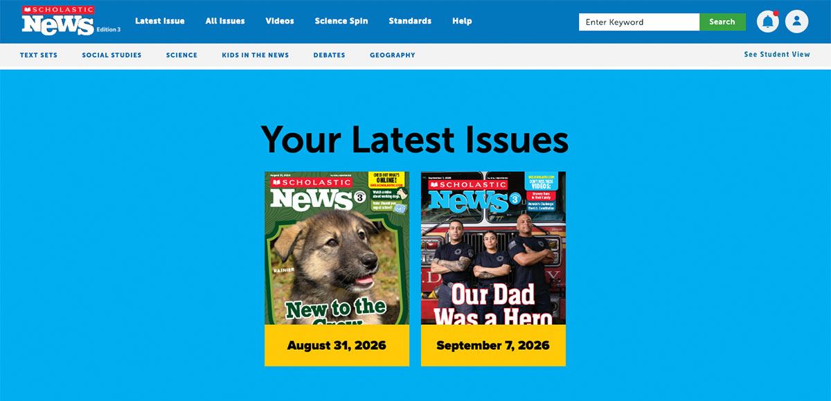 Scholastic News Edition 3 website showing two latest issues dated August 31 and September 7, 2026